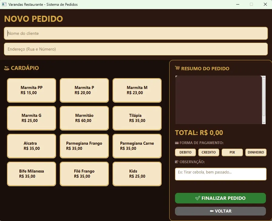 Tela de novo pedido, com o cardápio do restaurante e o resumo do pedido em branco