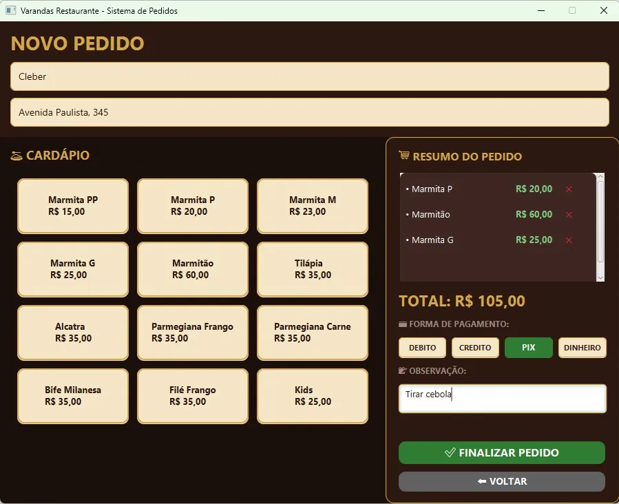 Pedido montado com itens, total calculado e forma de pagamento selecionada