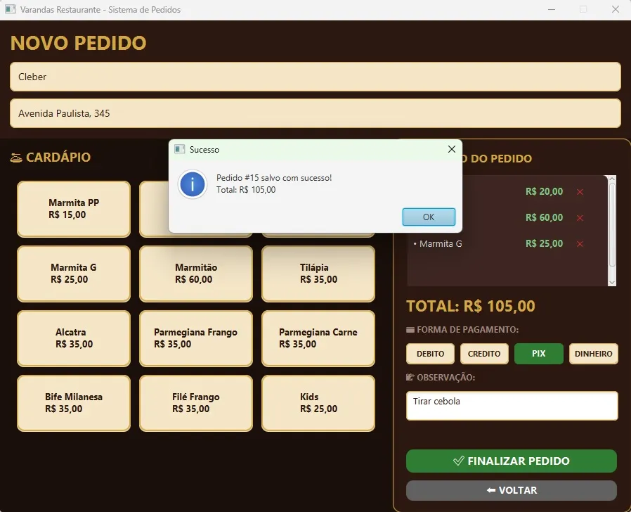 Mensagem de confirmação: pedido salvo com sucesso